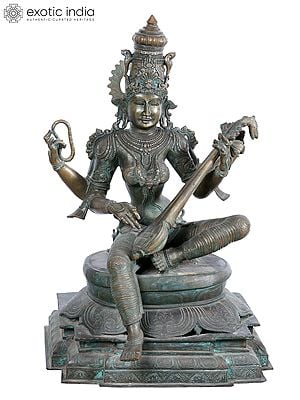 28'' Sitting Goddess Saraswati Panchaloha Bronze Statue from Swamimalai