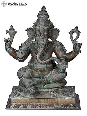 24'' Sitting Lord Ganesha Statue | Madhuchista Vidhana (Lost-Wax) | Panchaloha Bronze from Swamimalai