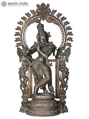 60'' Large Standing Lord Krishna Panchaloha Bronze Statue Playing Flute