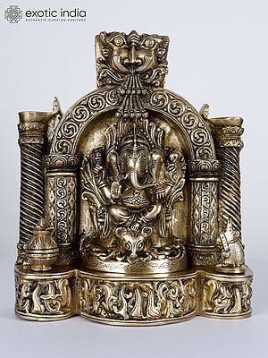 10" Temple Ganesha with Twin Lamps and Kirtimukha Atop | Brass Statue