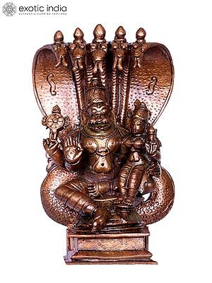 6" Bronze Narasimha Vatarara of Lord Vishnu with Devi Lakshmi Seated on Sheshnag Throne