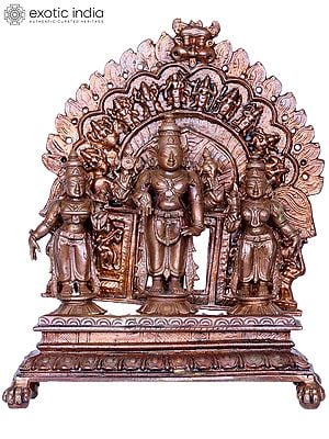 7" Lord Vishnu Bronze Idol with Sridevi and Bhudevi with Dashavatara Arch