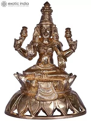 6'' Hindu Deity Four Handed Lakshmi Idol Seated on Lotus | Bronze Statue