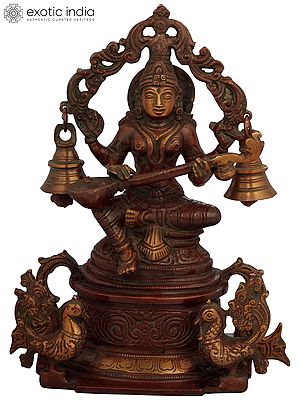 8" Goddess Saraswati Seated on High Pedestal with Hanging Bells In Brass | Handmade | Made In India