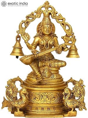 8" Goddess Saraswati Seated on High Pedestal with Hanging Bells In Brass | Handmade | Made In India