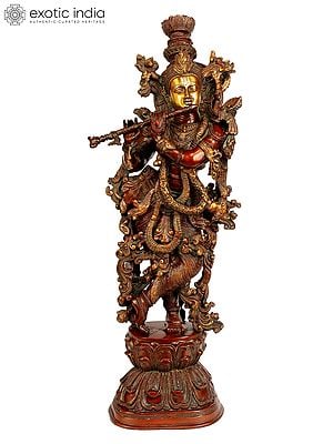 29" Large Size Enrapt Krishna Playing on Flute In Brass | Handmade | Made In India