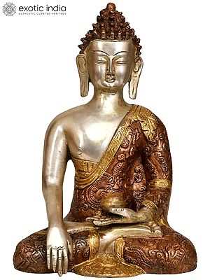 9" Brass Buddha Statue in Bhumisparsha Mudra (Robes Decorated with Dragons) | Handmade | Made in India