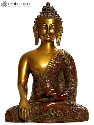 9" Brass Buddha Statue in Bhumisparsha Mudra (Robes Decorated with Dragons) | Handmade | Made in India