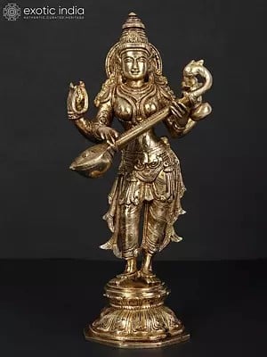 10" Standing Saraswati Brass Statue | Handmade | Made in India