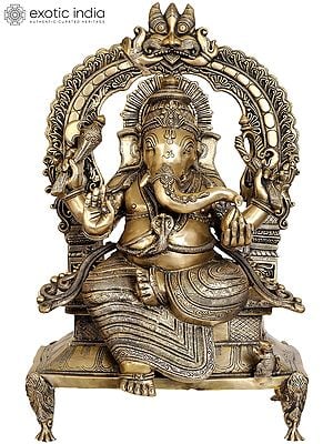 28" Large Size Majestic Ganesha Enshrining the Throne with Mahakala Arch In Brass | Handmade | Made In India