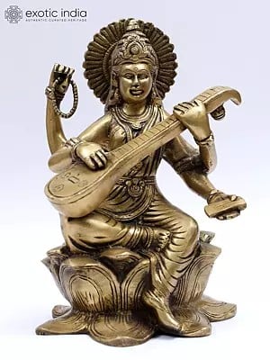 9" Devi Saraswati In Brass | Handmade | Made In India