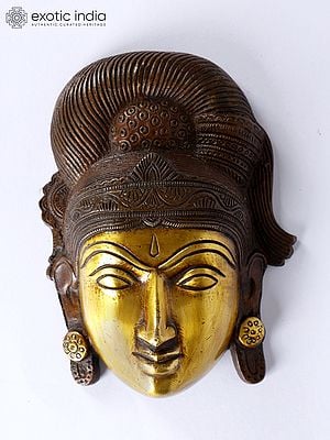 5" Goddess Parvati Mask with Fine Headdress | Wall Hanging Statue in Brass