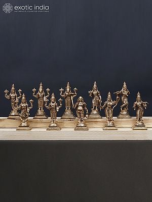 6" Dashavatara : Ten Incarnations of Lord Vishnu (From Left - Matshya, Kurma, Varaha, Narasimha, Vaman, Parashurama, Rama, Krishna, Balarama and Kalki) | Handmade | Madhuchista Vidhana (Lost-Wax) | Panchaloha Bronze from Swamimalai