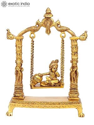 11" Butter Krishna Idol on a Swing | Handmade Brass Statue | Made in India