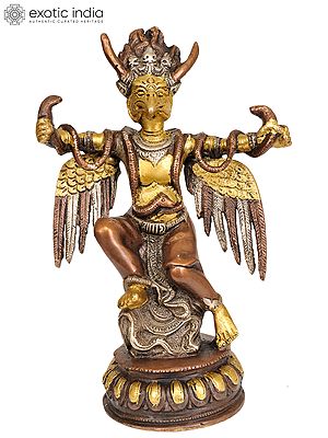 8" Brass Garuda Idol Intricate Coils of Serpents | Handmade | Made in India