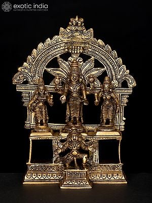 7" Lord Vishnu with Lakshmi and Bhudevi on Garuda Pedestal In Brass | Handmade | Made In India