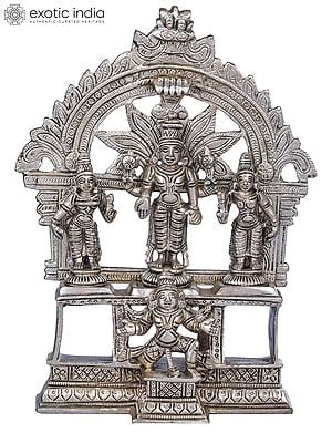 7" Lord Vishnu with Lakshmi and Bhudevi on Garuda Pedestal In Brass | Handmade | Made In India