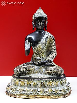 10" Chequered Robe Buddha Brass Statue | Indian Handcrafted Idol