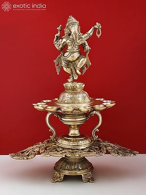 15" Brass Dancing Lord Ganesha with Diya for 12 Wicks