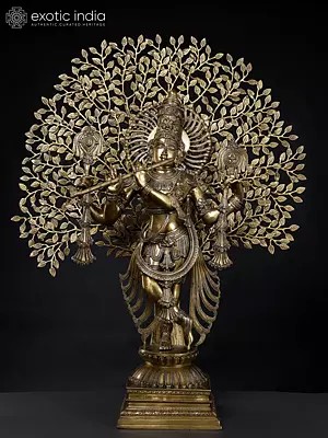 37" Large Brass Lord Krishna Playing Flute Under a Tree