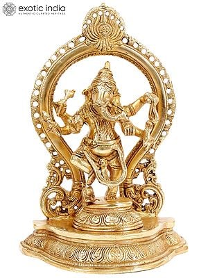 13" Ganesha Idol Dances Under a Temple Arch | Handmade Brass Statue | Made in India