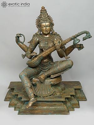 36" Large Sitting Four Armed Devi Saraswati Playing Veena | Madhuchista Vidhana (Lost-Wax) | Panchaloha Bronze from Swamimalai