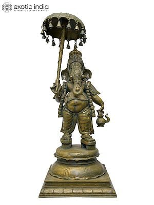 27" Majestic Ganesha with Parasol of Grace | Madhuchista Vidhana (Lost-Wax) | Panchaloha Bronze from Swamimalai