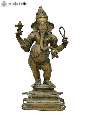 10" Four Armed Standing Lord Ganesha | Madhuchista Vidhana (Lost-Wax) | Panchaloha Bronze from Swamimalai