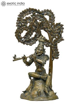 12" Fluting Lord Krishna Seated Under The Tree | Madhuchista Vidhana (Lost-Wax) | Panchaloha Bronze from Swamimalai