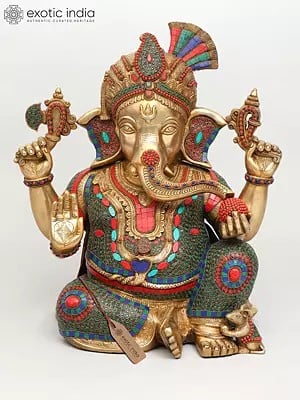 21" Sitting Four Armed Turbaned Lord Ganesha | Brass Statue with Inlay Work