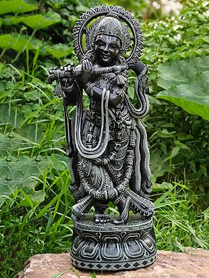Standing Hindu God Krishna Playing Flute In Black Stone Statue | Hand Carved