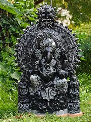 Lord Ganesha Seated On Pedstal In Blessing Gesture | Black Stone Statue | Hand Carved