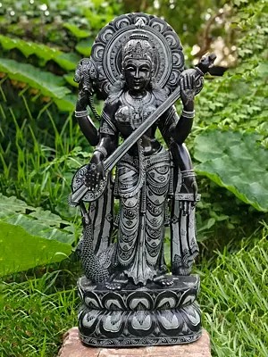 Standing Goddess Saraswati Playing Veena In Black Stone Statue | Idol For Temple