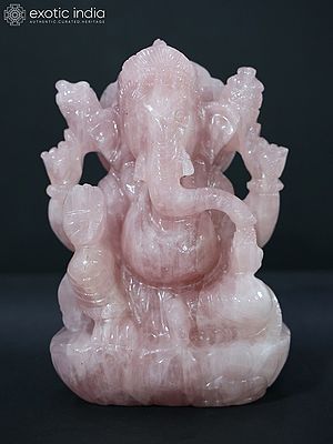 9" Seated Lord Ganesha Pink Quartz Statue In Blessing Gesture | Sculpture For Temple