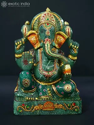 9" Green Aventurine Gemstone Seated Lord Ganesha With Modak And Mushak