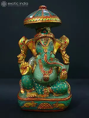 10" Green Aventurine Gemstone Chaturbhuja Lord Ganesha In Blessing Mudra | Hand Carved