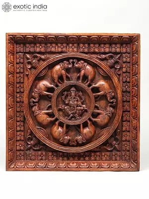 24" Four Armed Lord Ganesha Panel with Elephants | Wood Carving | Wall Hanging