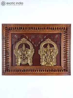 48" Wood Framed Venkateshvara (Tirupati Balaji) with Devi Padmavathi Brass Statues | Wall Hanging