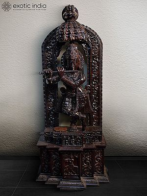 64" Lord Krishna Statue With Flute And Base | Handmade Rosewood Figurine