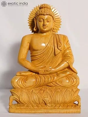 14" Lord Buddha Seated On Lotus In Meditation | Handmade White Wood Figurine