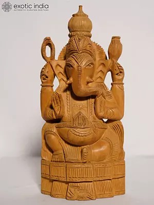 9" Lord Ganapati With Four Armed | Handmade White Wood Figurine