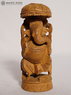 6" Ganesha Seated On A Throne With An Umbrella | Handmade Rosewood Figurine