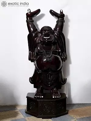 60" Laughing Buddha Standing On Designer Base | Handmade Rosewood Figurine