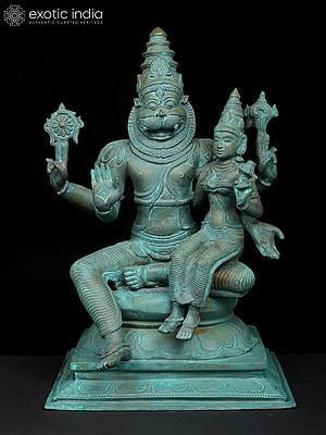 13" Sitting Lord Narasimha with Goddess Lakshmi | Madhuchista Vidhana (Lost-Wax) | Panchaloha Bronze from Swamimalai