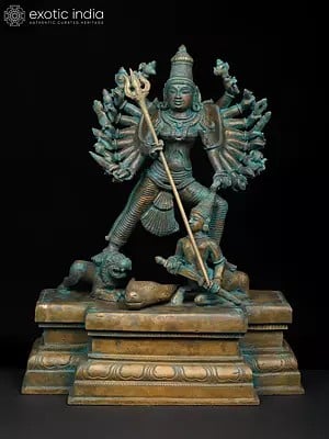 14" Eighteen Armed Goddess Mahishasuramardini (Goddess Durga) | Madhuchista Vidhana (Lost-Wax) | Panchaloha Bronze from Swamimalai