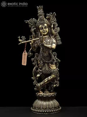 16" Superfine Standing Lord Krishna Playing Flute | Brass Statue