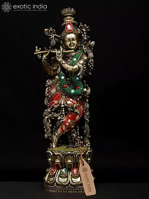 12" Superfine Lord Krishna Playing Flute | Brass Statue with Inlay Work