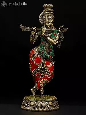 9" Superfine Fluting Lord Krishna | Brass Statue with Inlay Work