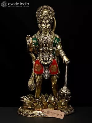 8" Superfine Standing Mahabali Hanuman in Blessing Gesture | Brass Statue with Inlay Work