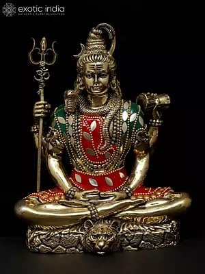 7" Superfine Sitting Four Armed Lord Shiva | Brass Statue with Inlay Work